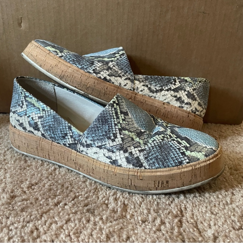 Snake print blue mint shimmer slip on platform sneaker